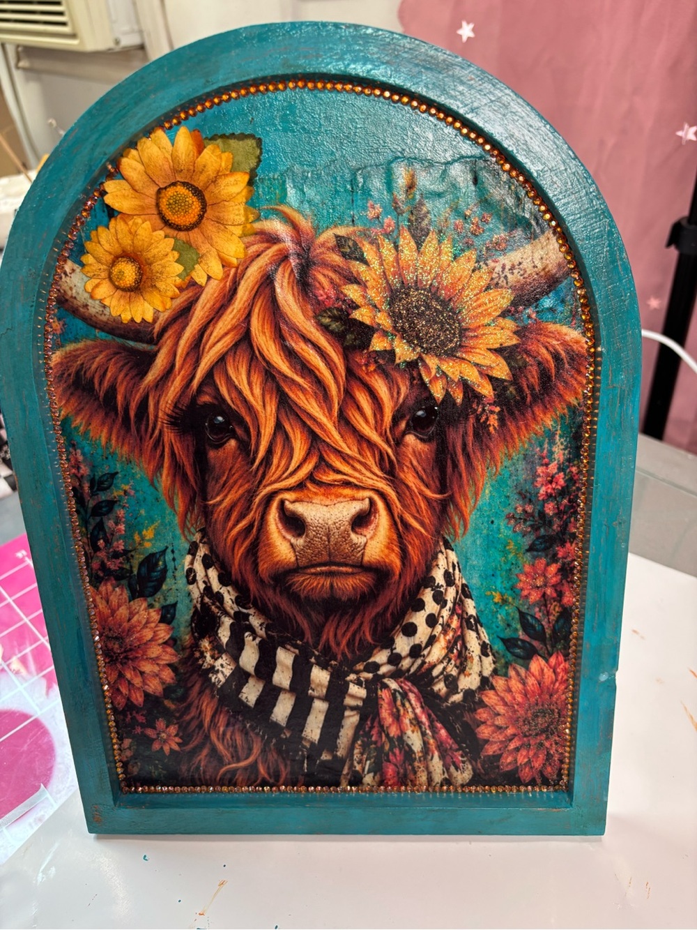 Turquoise Floral Highland Cow Wall Art